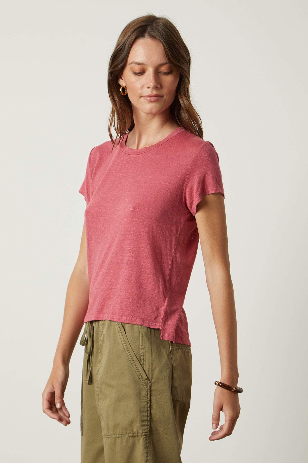   Casey Tee in calypso with Misty pant in forest side & front 