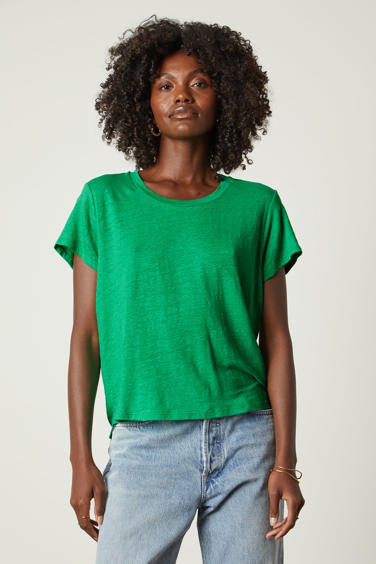 Casey Tee in emerald with blue denim front-26142584963265