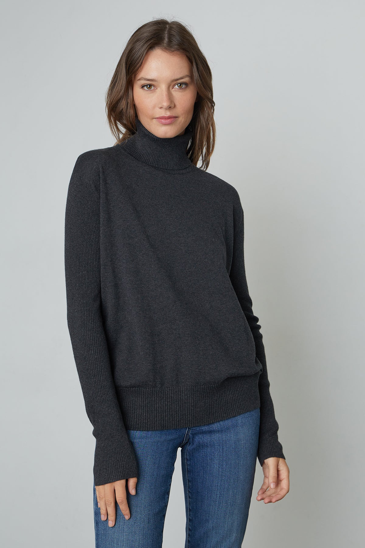Lux Cotton Cashmere Renny Turtleneck Sweater in dark grey cinder front 2-25052572451009