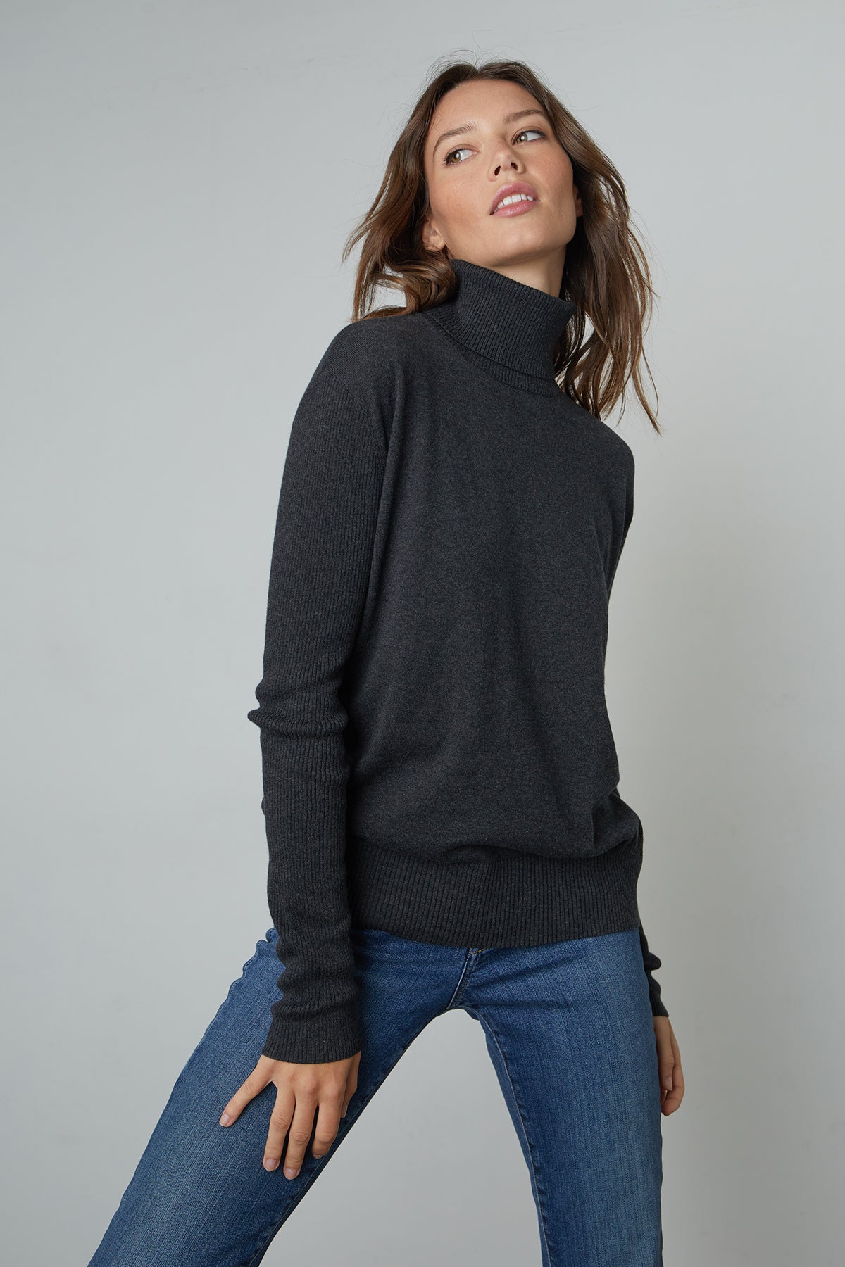 Lux Cotton Cashmere Renny Turtleneck Sweater in dark grey cinder front 3-25052572549313