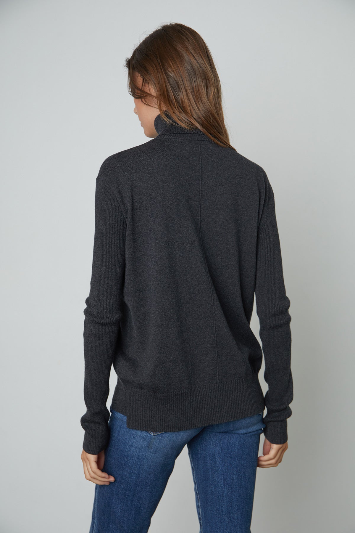   Lux Cotton Cashmere Renny Turtleneck Sweater in dark grey cinder back 