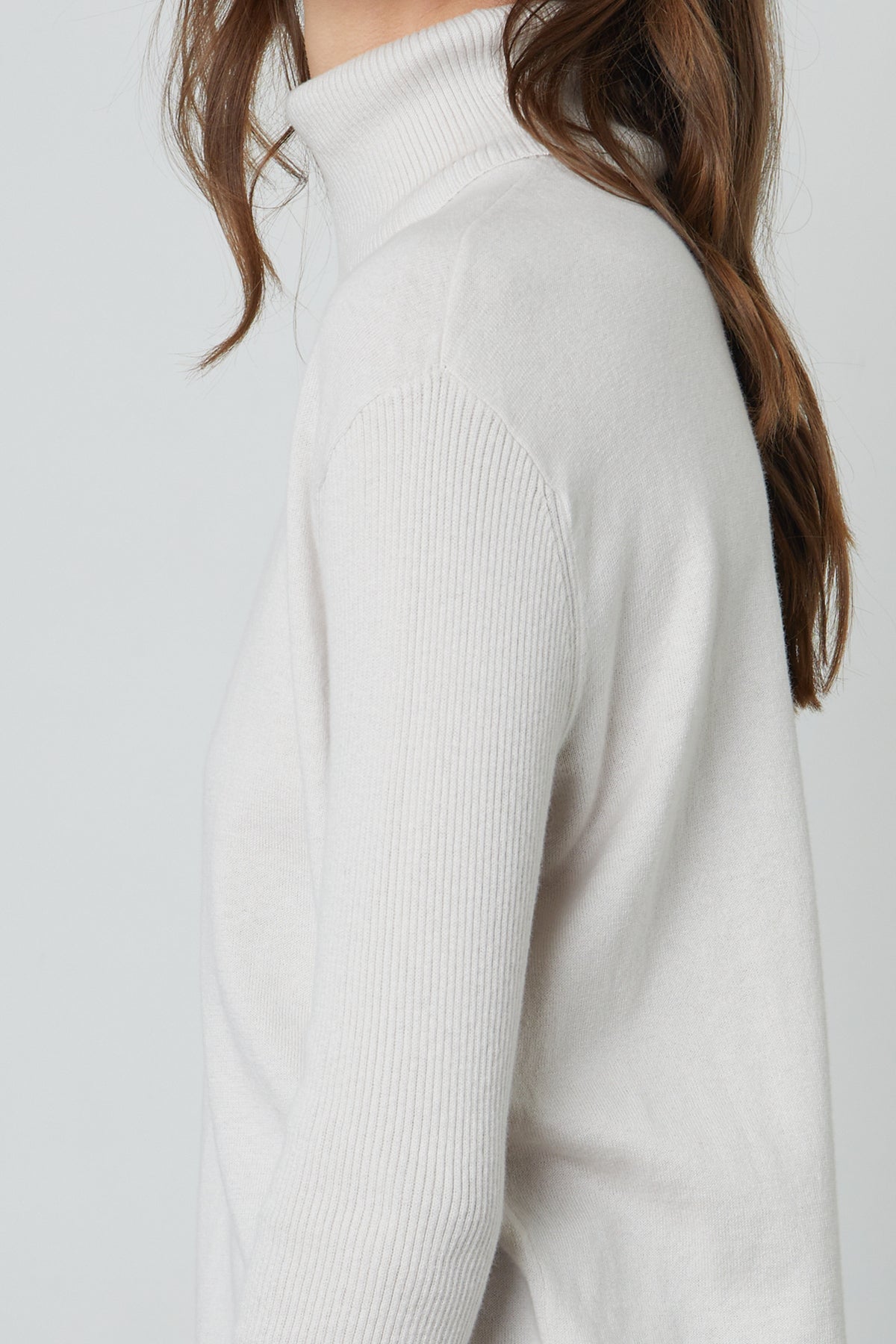   Lux Cotton Cashmere Renny Turtleneck Sweater side and shoulder detail 