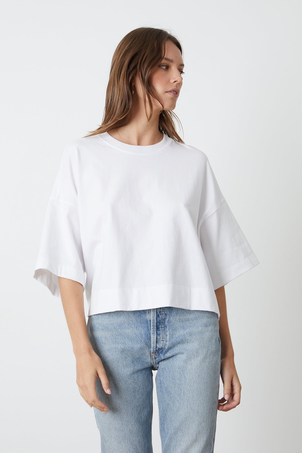 Aimee Cropped Tee with blue denim front-26255694725313