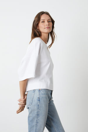 Aimee Cropped Tee with blue denim side