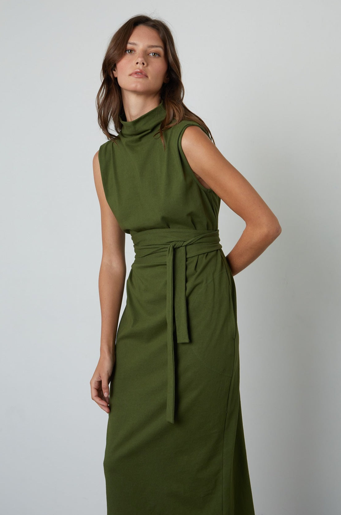 Hydie Mock Neck Dress Structured Cotton in Evergreen with belt close up view-24994486386881