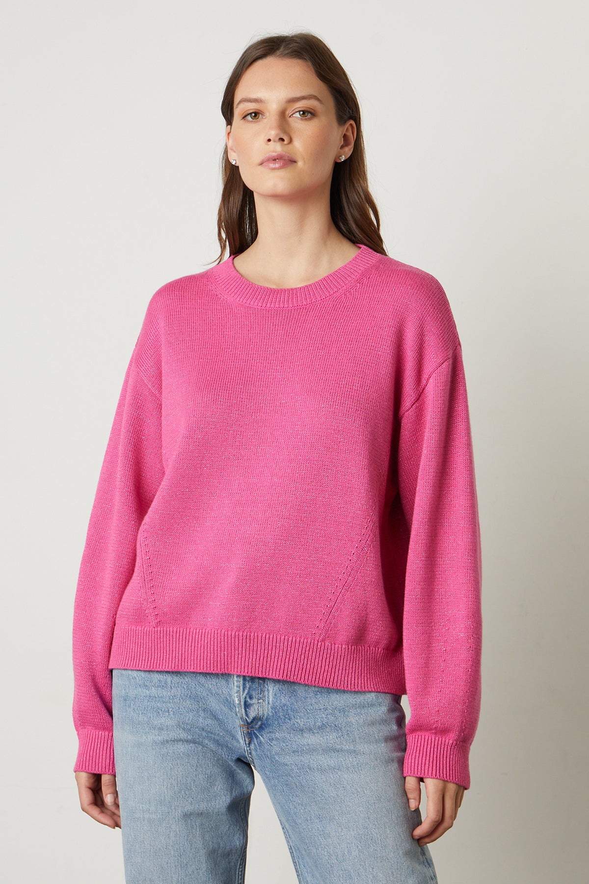   Hallie Crew Neck Sweater in bright candy pink with blue denim front 