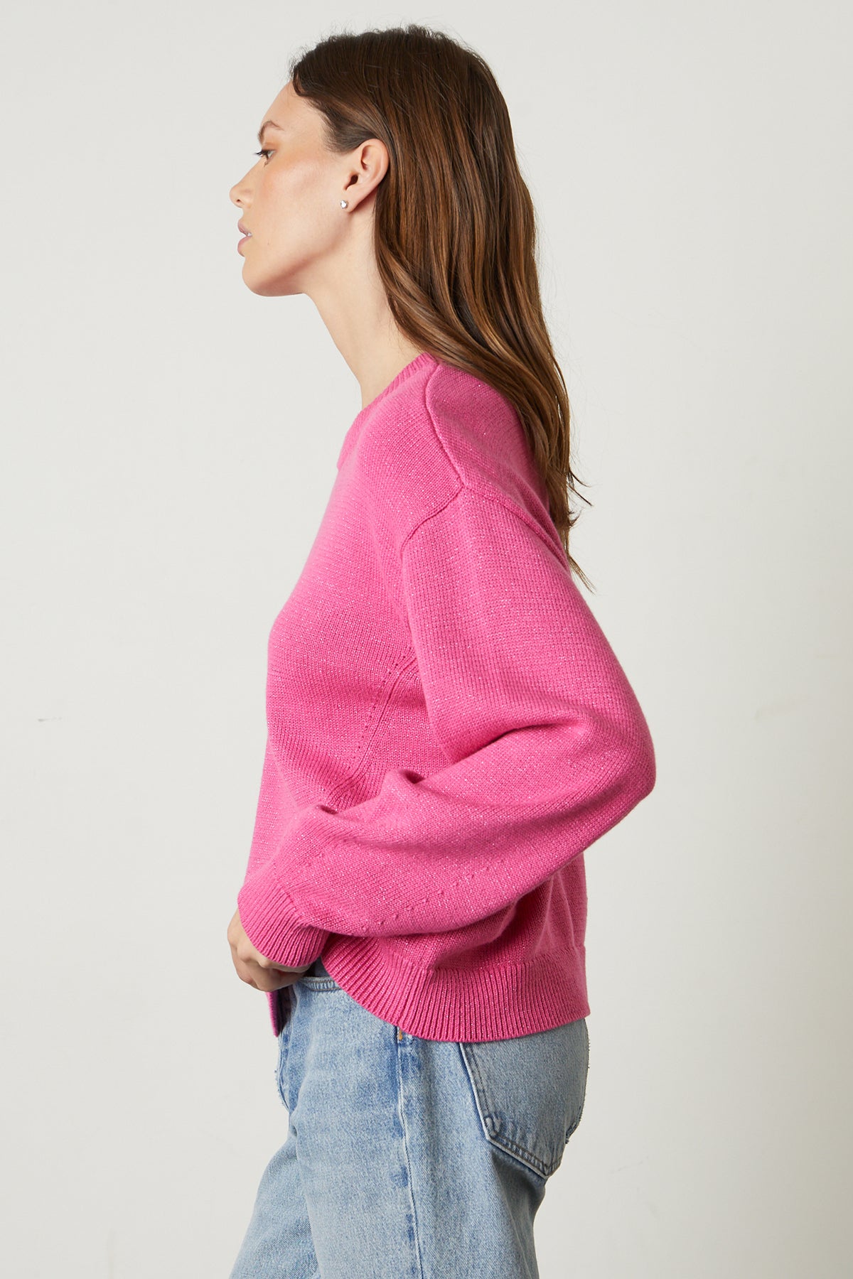   Hallie Crew Neck Sweater in bright candy pink with blue denim side 