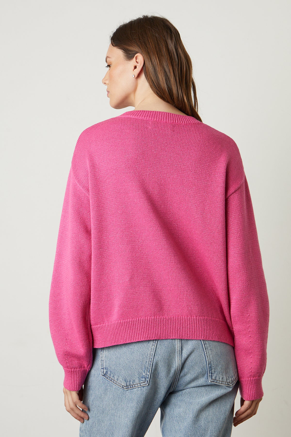   Hallie Crew Neck Sweater in bright candy pink with blue denim back 