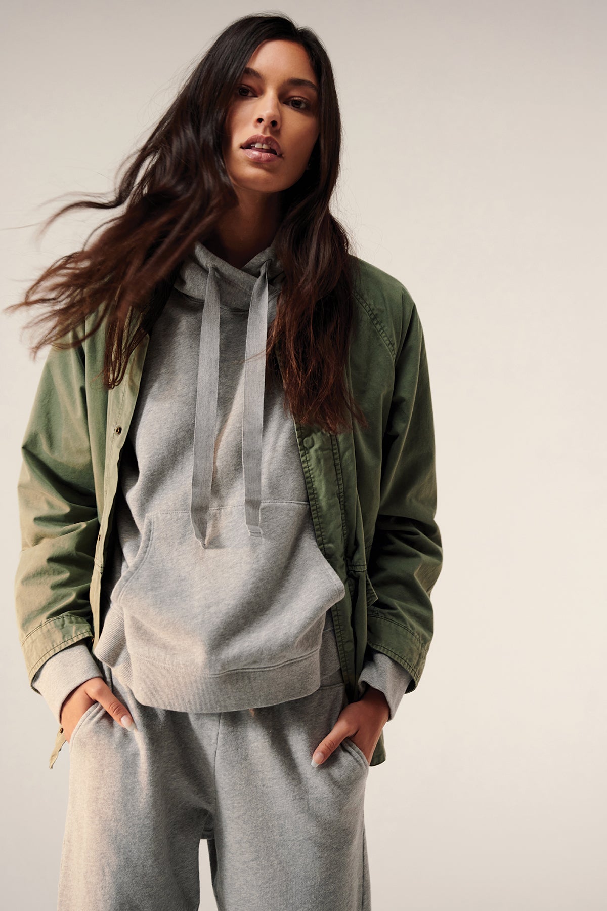 Melrose Jacket Army with Ojai Hoodie Heather Gray and Zuma Sweatpant Heather Grey Front-22854049628353