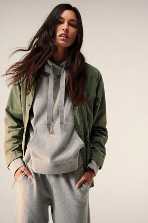 Melrose Jacket Army with Ojai Hoodie Heather Gray and Zuma Sweatpant Heather Grey Front