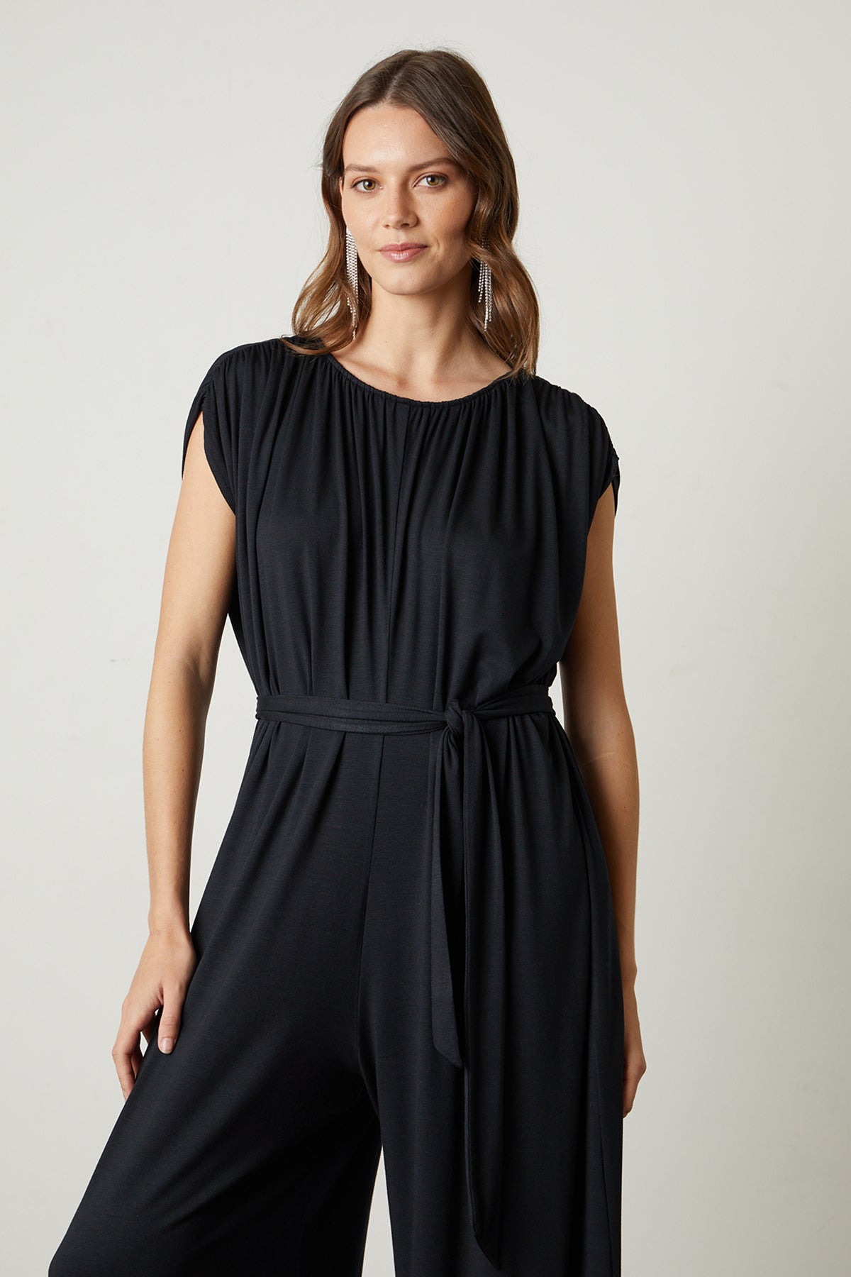Norah Wide Leg Jumpsuit with tie in black front close up-25444271882433