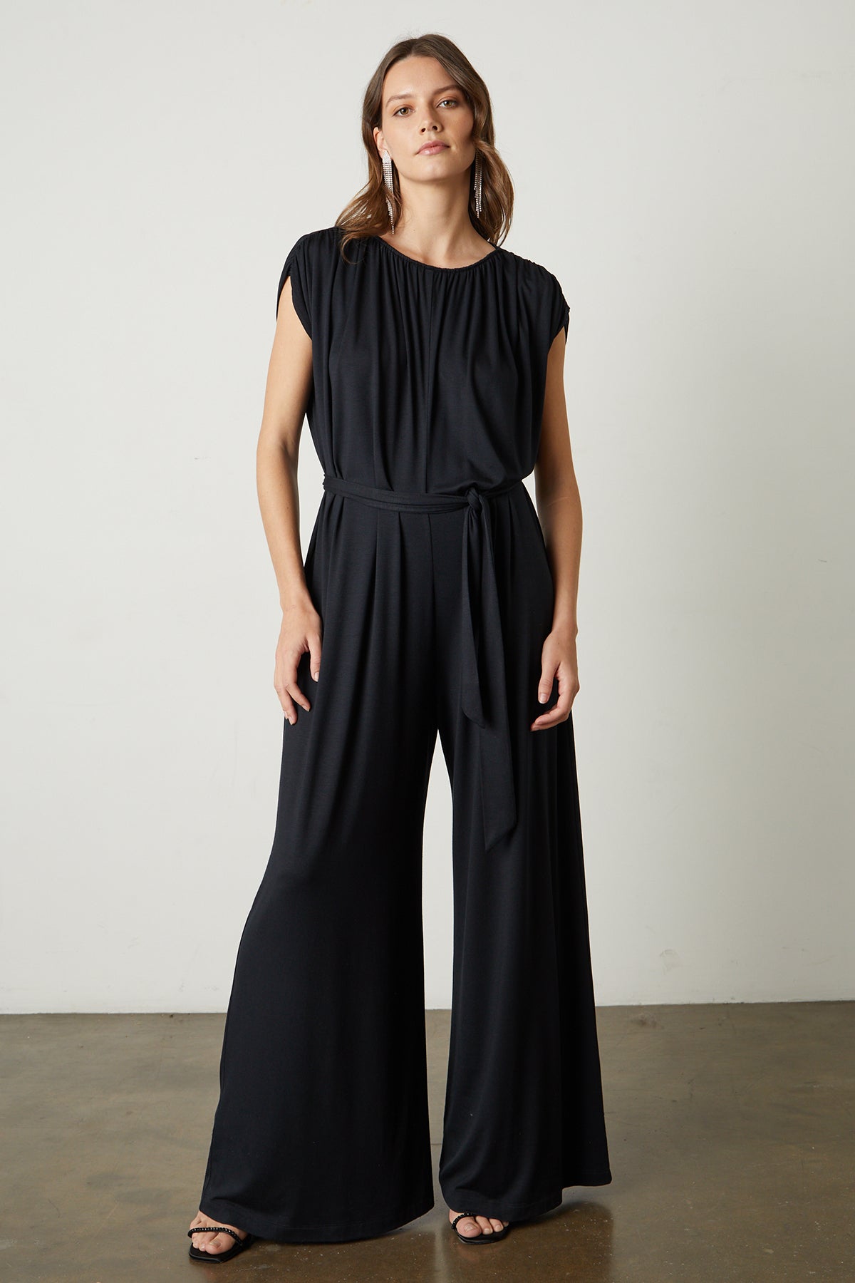 Norah Wide Leg Jumpsuit with tie in black full length front-25444271849665
