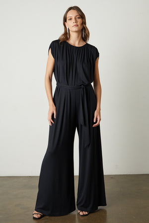 Norah Wide Leg Jumpsuit with tie in black full length front