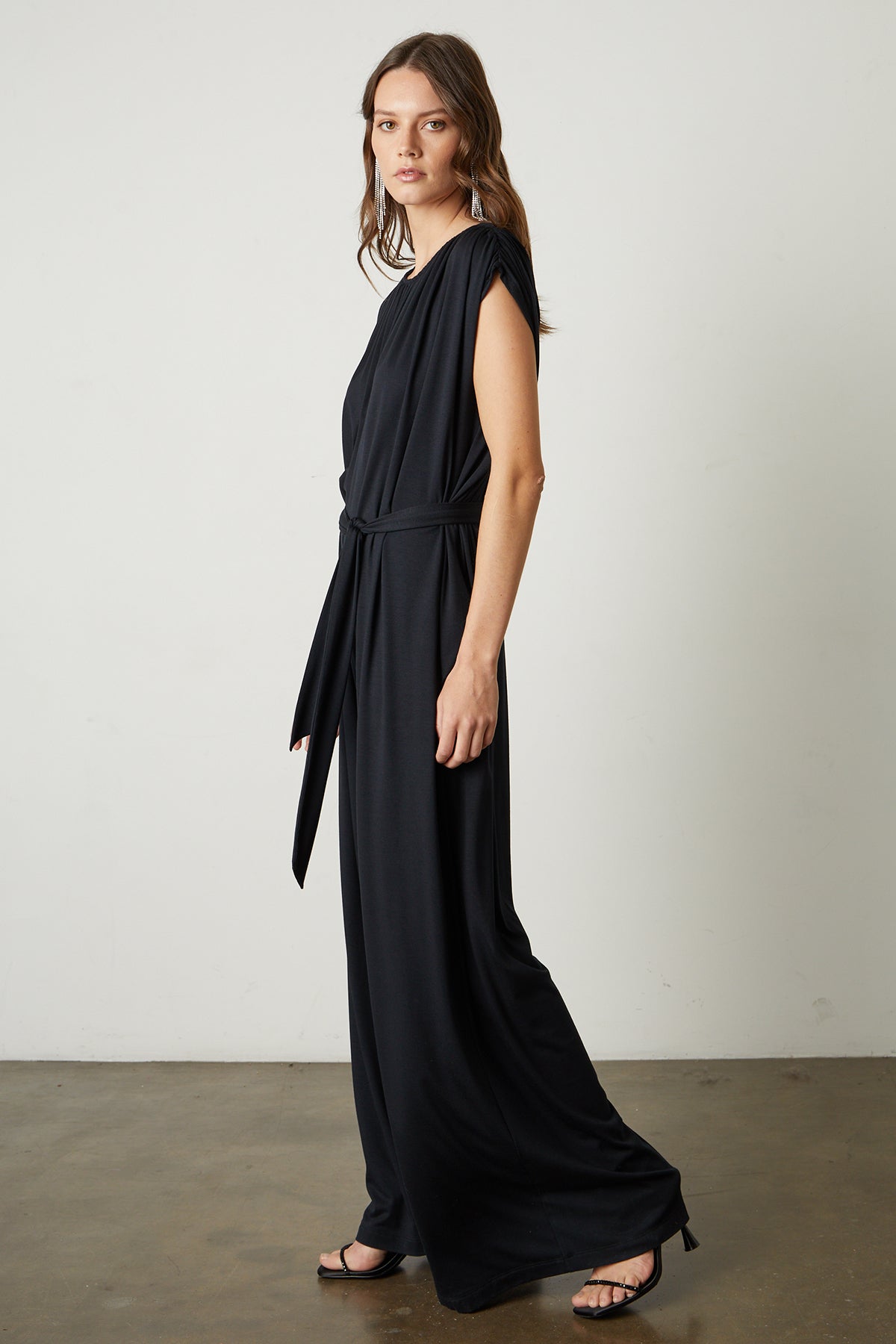 Norah Wide Leg Jumpsuit with tie in black full length side-25444271915201