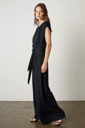 Norah Wide Leg Jumpsuit with tie in black full length side