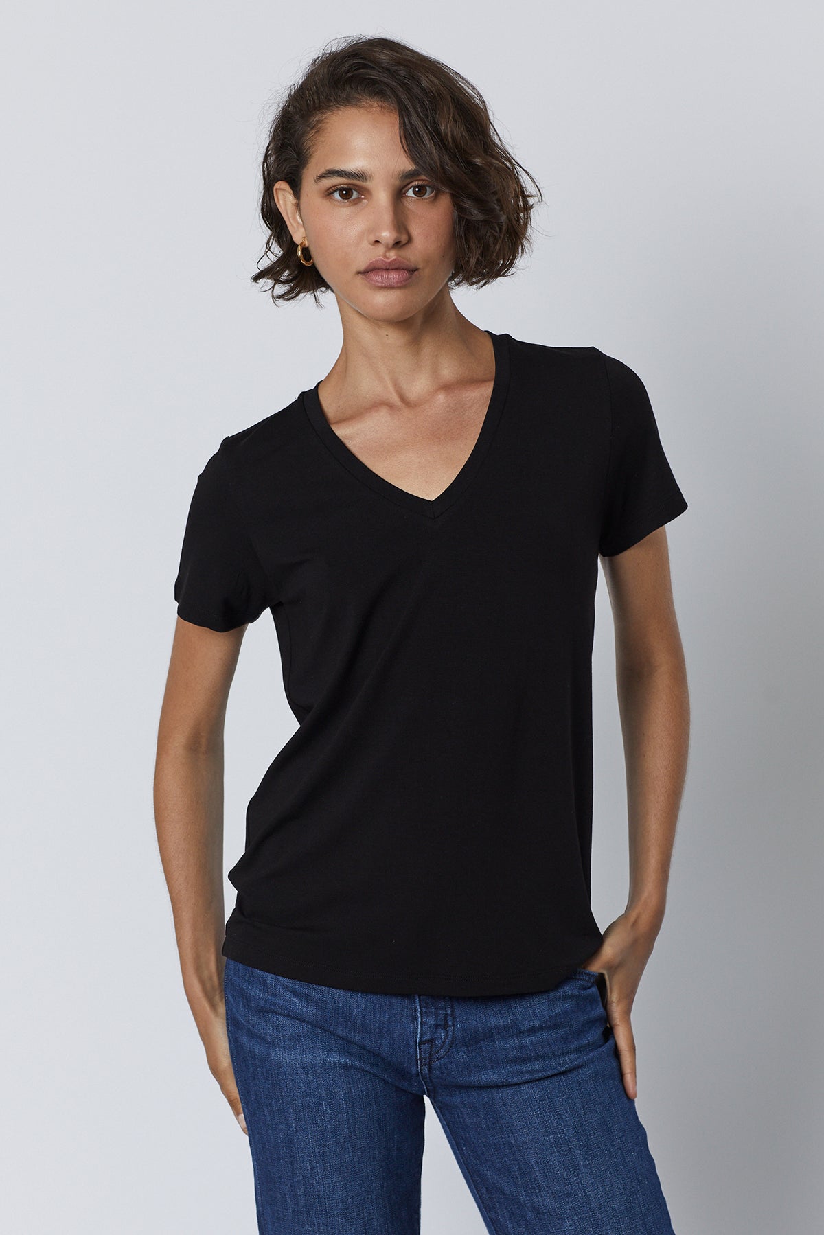 Runyon Tee in black with blue denim front-26007207182529