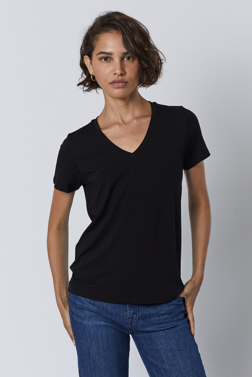 Runyon Tee in black with blue denim front