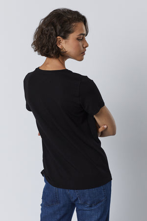 Runyon Tee in black with blue denim back