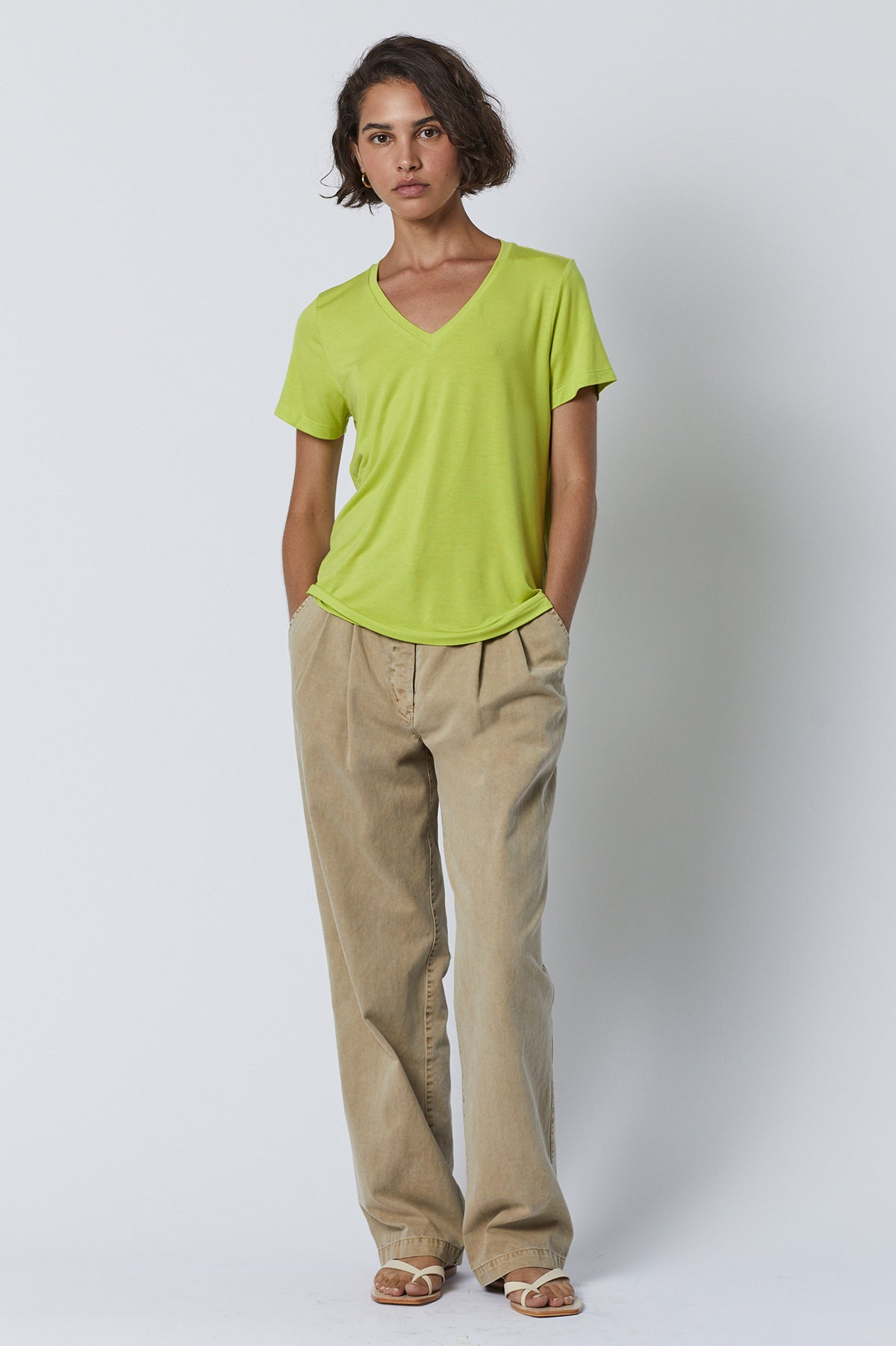  Temescal Pant in putty with Runyon tee in lime full length front 