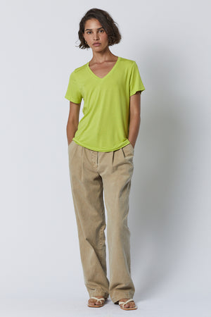 Runyon Tee in lime with Temescal pant in putty and sandals full length front