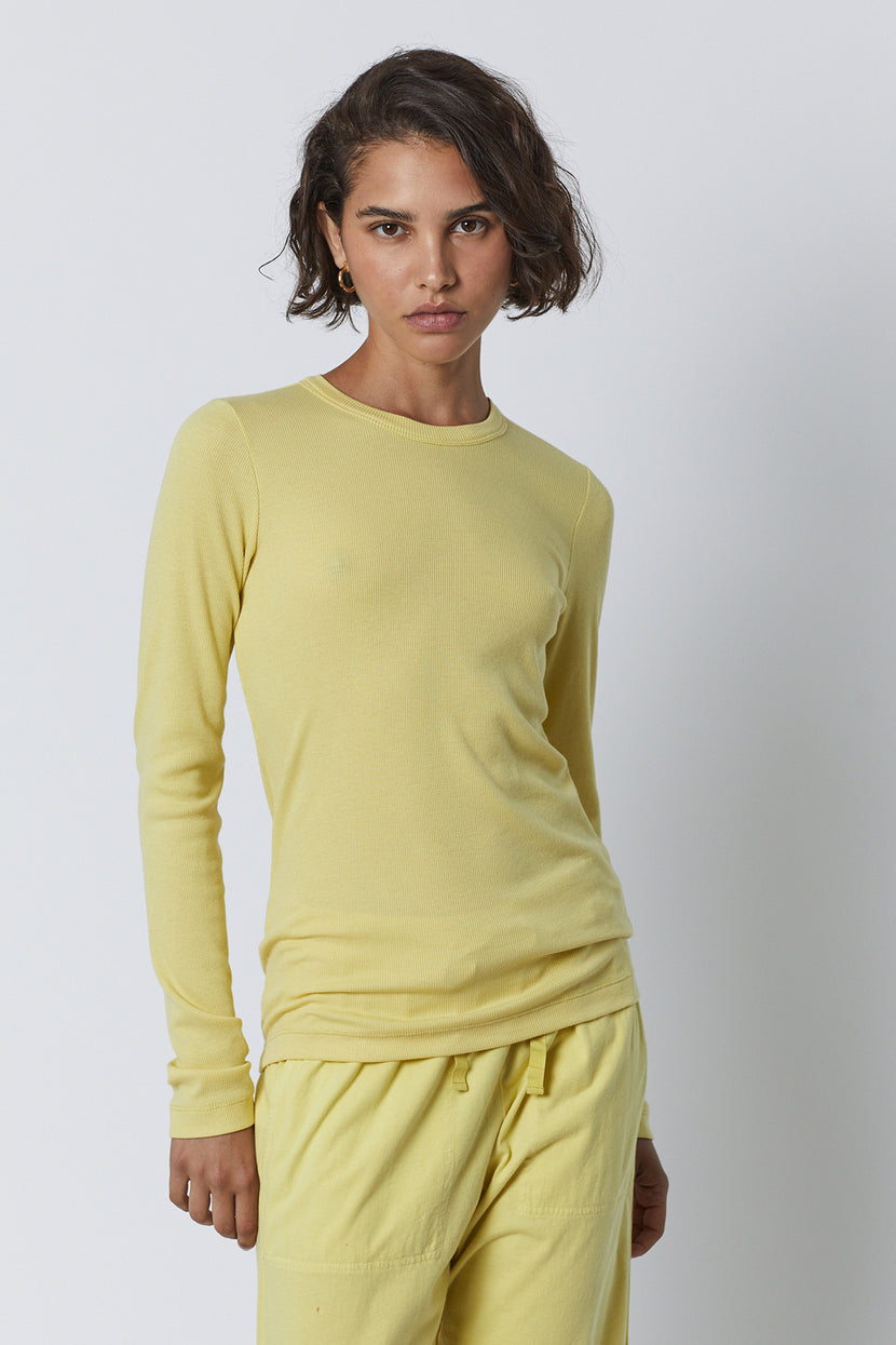 Camino Tee in soft lemon yellow with Pismo pant front