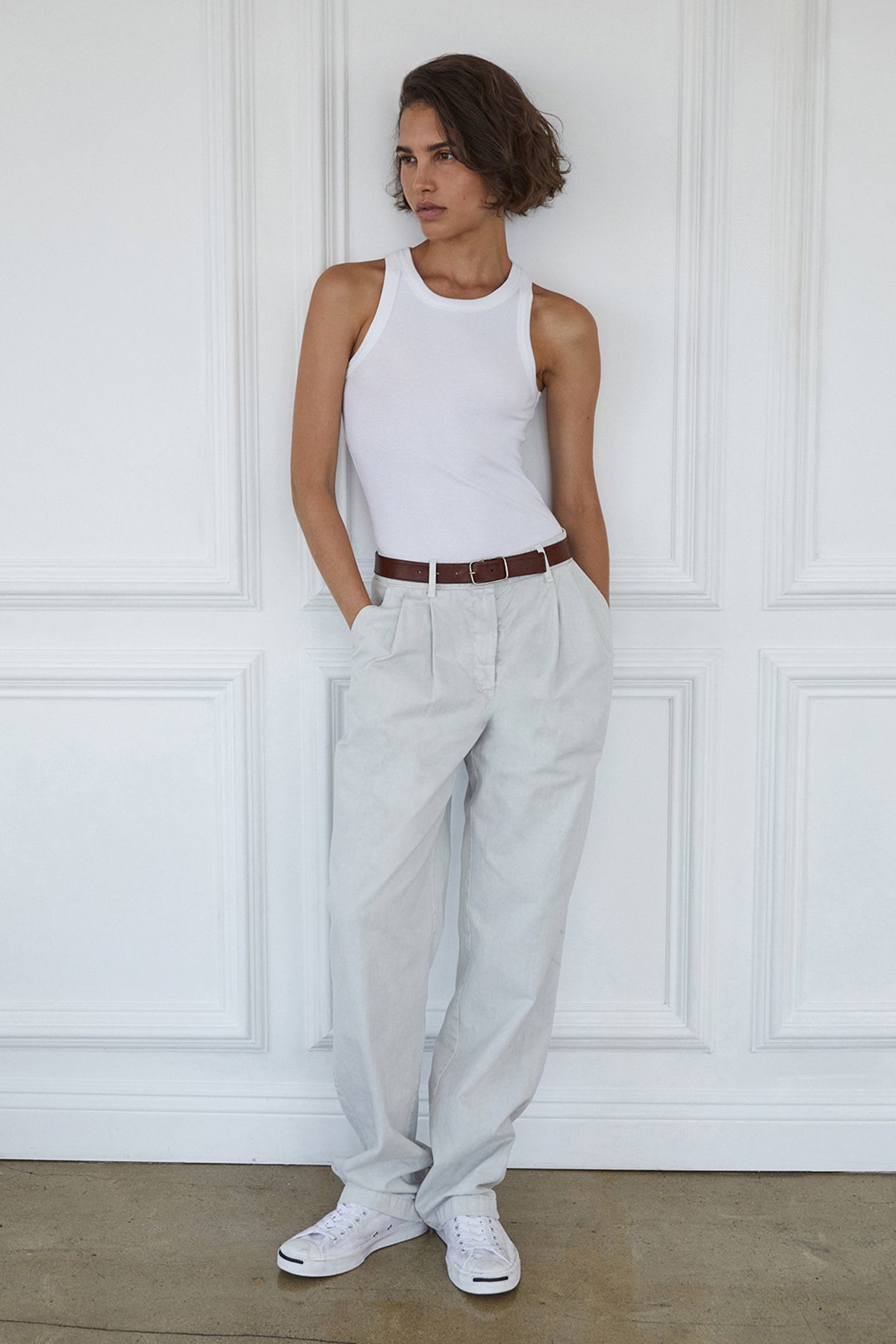   Temescal Pant in candle with Cruz tank in white full length front 