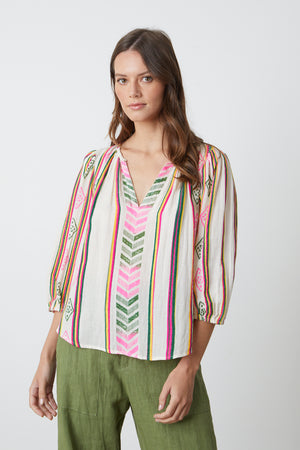 Beth Boho Top in multi colored jacquard print with Dru pant in basil green front