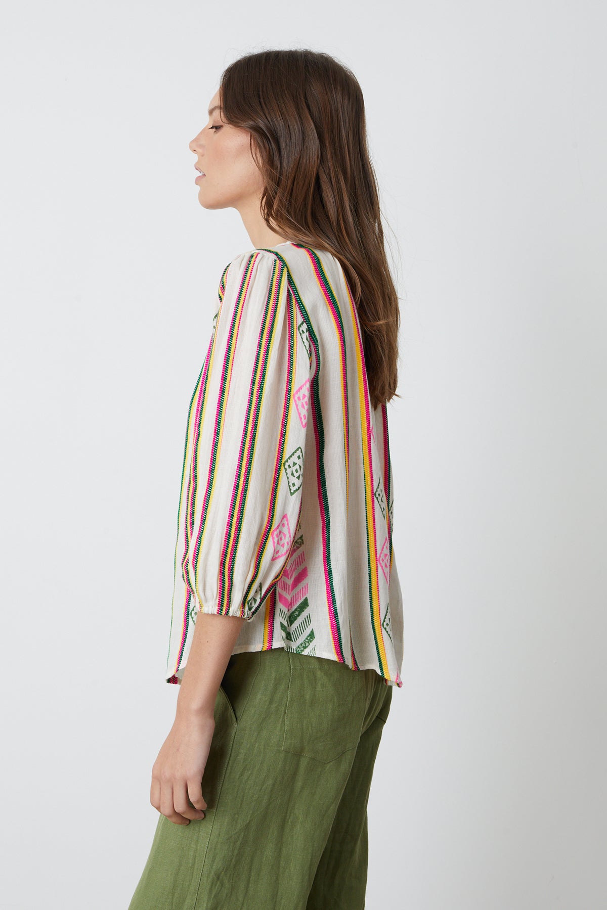   Beth Boho Top in multi colored jacquard print with Dru pant in basil green side 