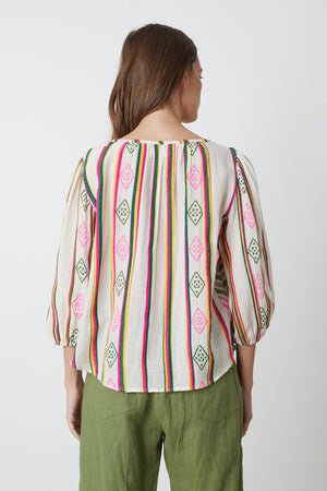 Beth Boho Top in multi colored jacquard print with Dru pant in basil green back