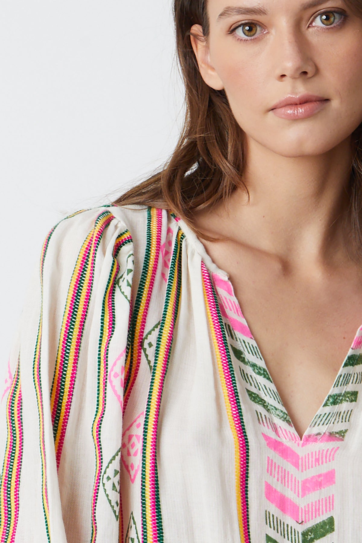   Beth Boho Top in multi colored jacquard print close up front detail 