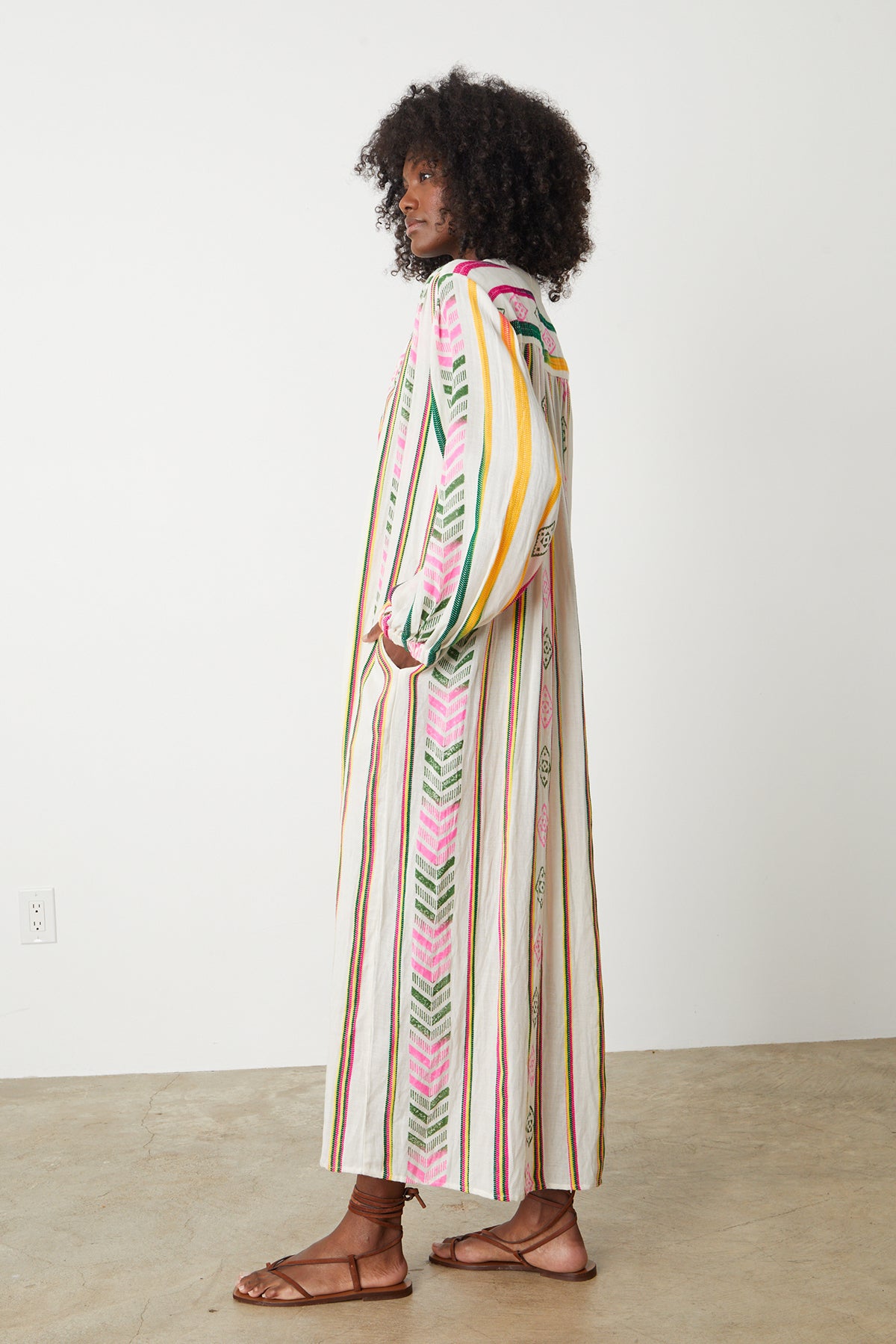 Peyton Maxi dress in multi colored jacquard full length side model standing with hand in pocket-26255710683329