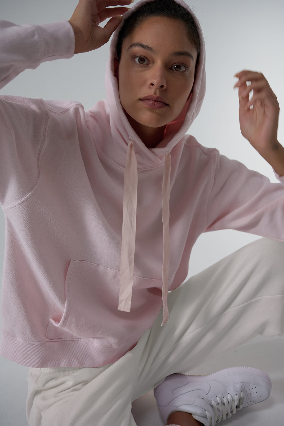   Ojai Hoodie Pale Pink with Montecito Sweatpant Beach Front Detail 