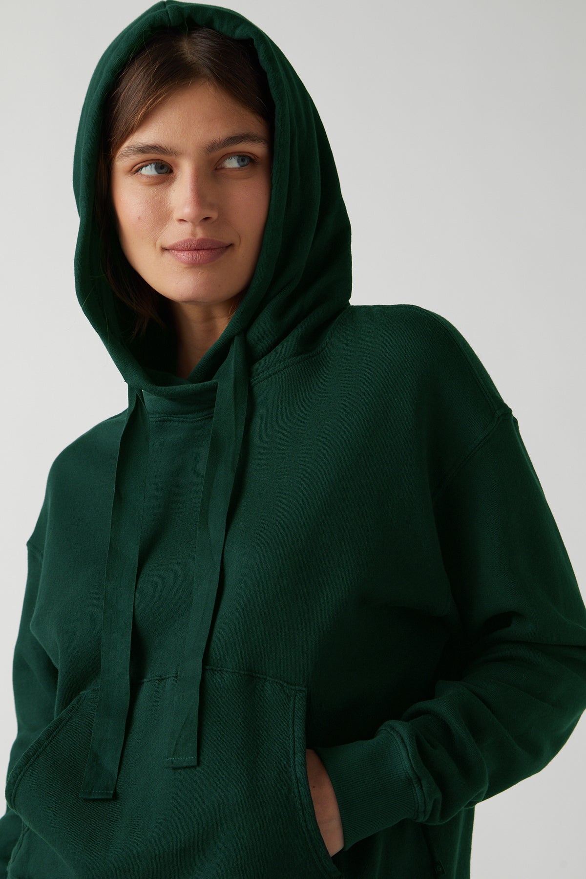 Ojai Hoodie in forest green hood up close up-25483562975425