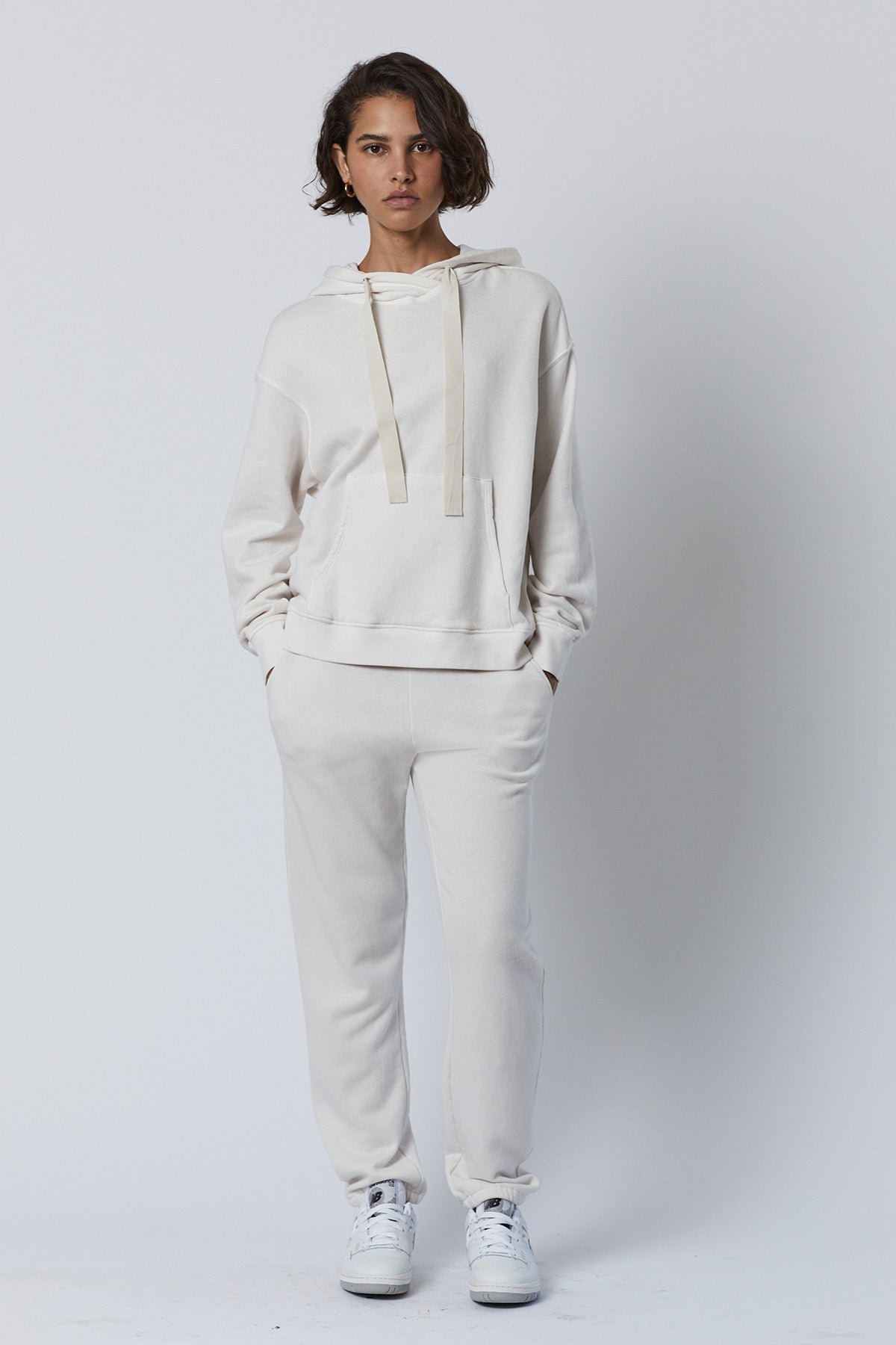   Ojai Hoodie in beach with Zuma Sweatpant full length front 