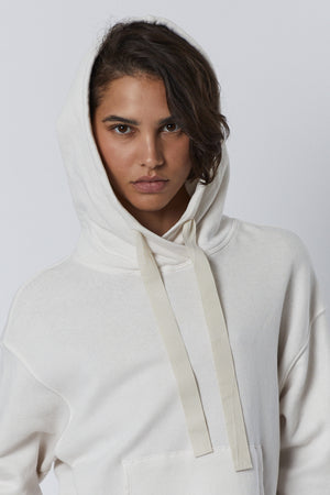 Ojai Hoodie in beach close up front with hood up