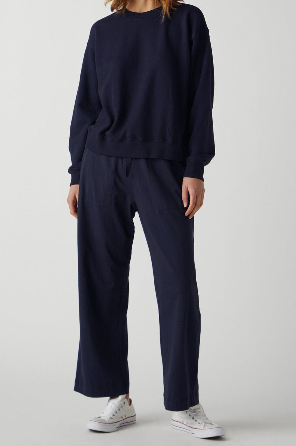   Ynez Sweatshirt in navy with Pismo Pant full length front 