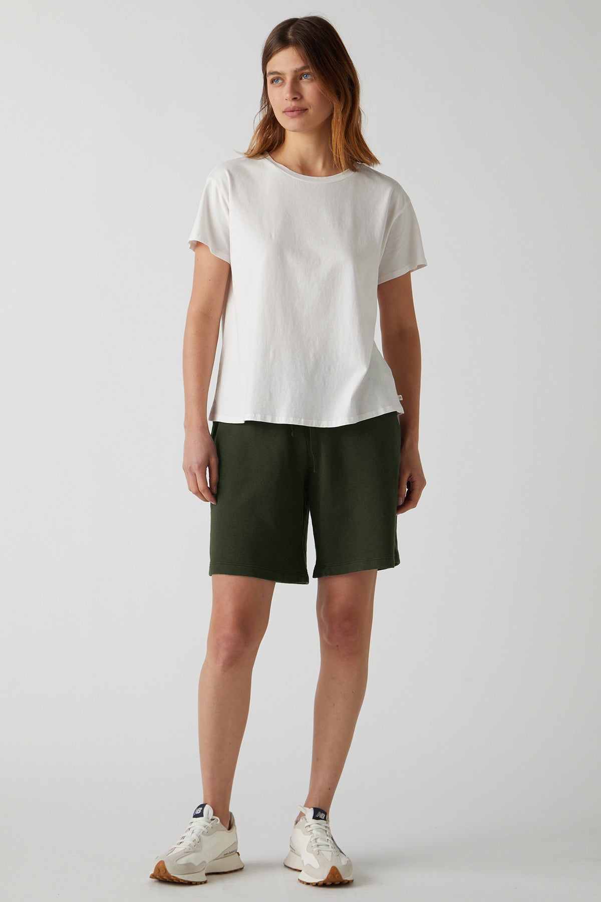 a woman wearing a white t - shirt and green Velvet by Jenny Graham LAGUNA SWEATSHORT.-26041211748545