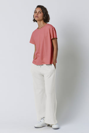 Montecito Sweatpant in beach with Topanga Tee in cedar full length front & side