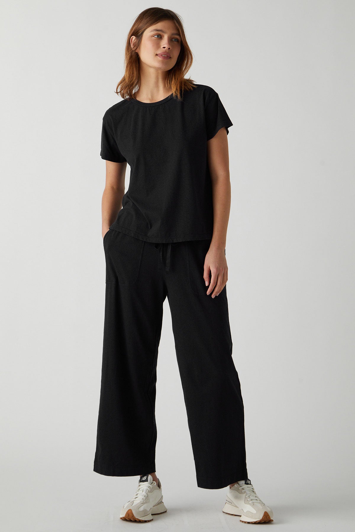 Pismo Pant in black with Topanga Tee full length front-26040599183553