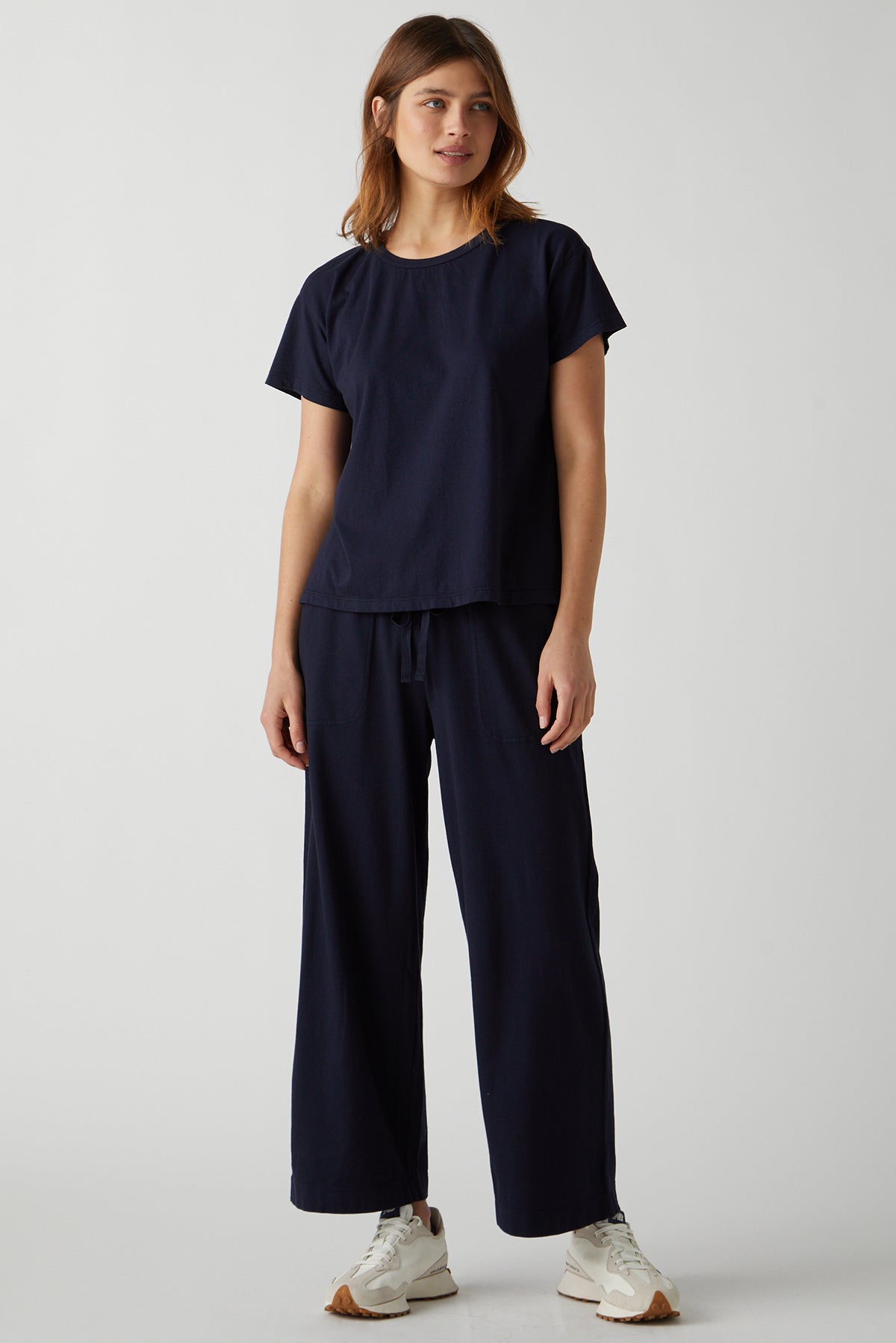 Pismo Pant in navy with Topanga Tee full length front-26040603771073