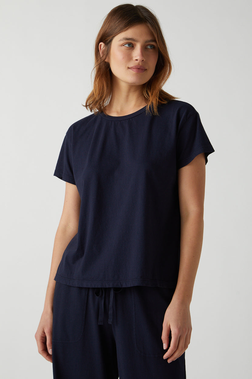 Topanga Tee in navy with Pismo Sweatpant front
