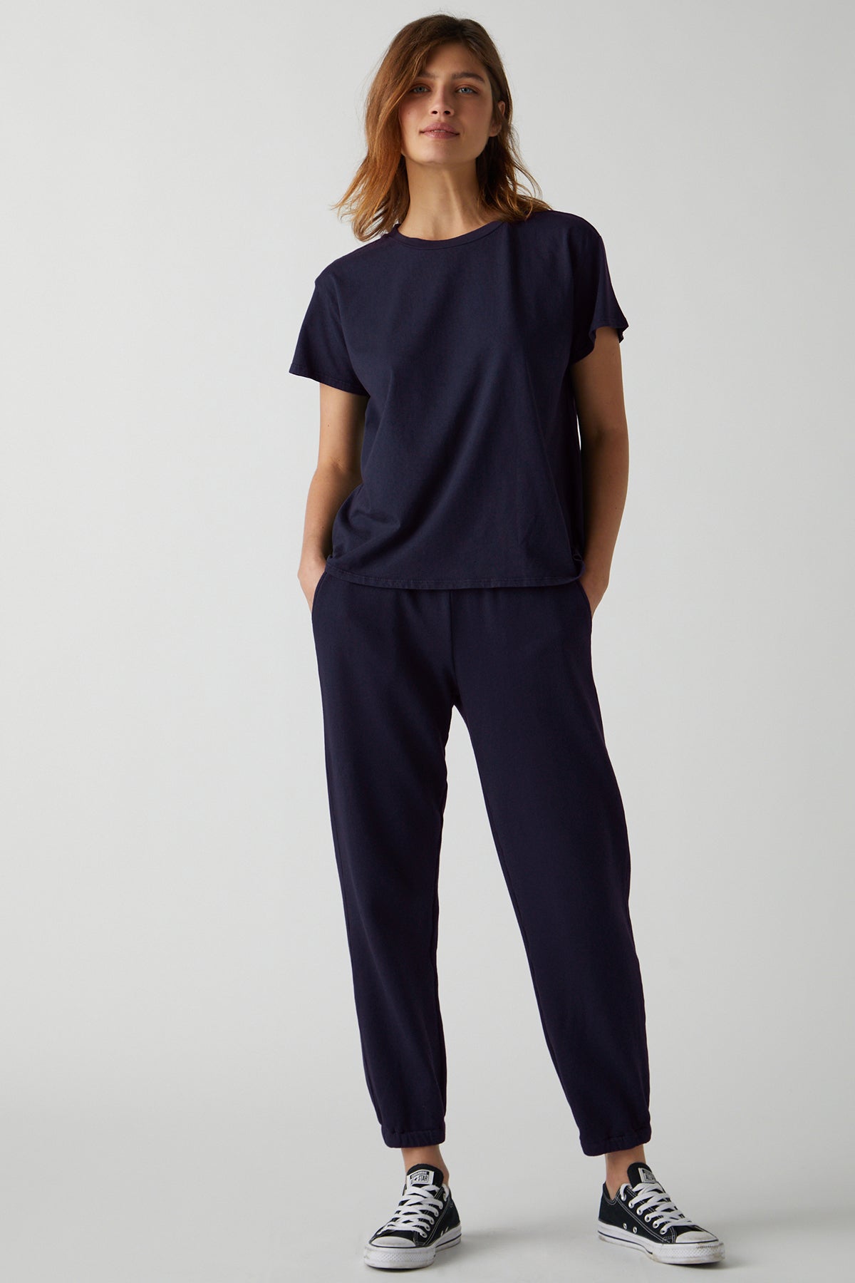 Topanga Tee in navy with Pismo Sweatpant full length front-25484453609665
