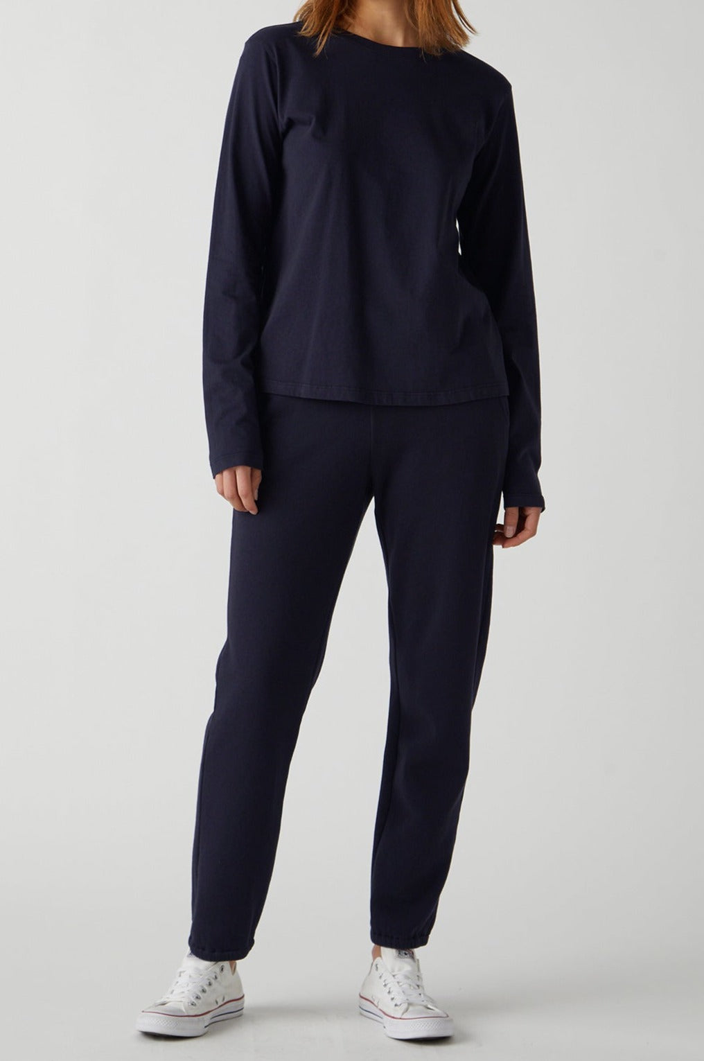 Zuma Sweatpant in navy with Vicente Tee full length front-25484328042689