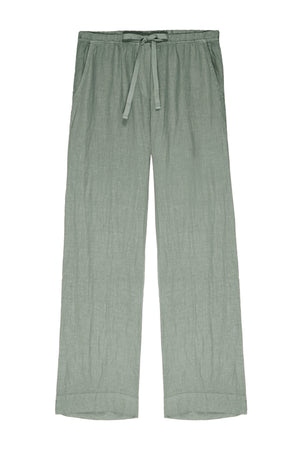 a women's Velvet by Jenny Graham green linen PICO pant with a drawstring.
