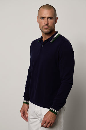 Danny Pique Polo in navy with white denim front & side