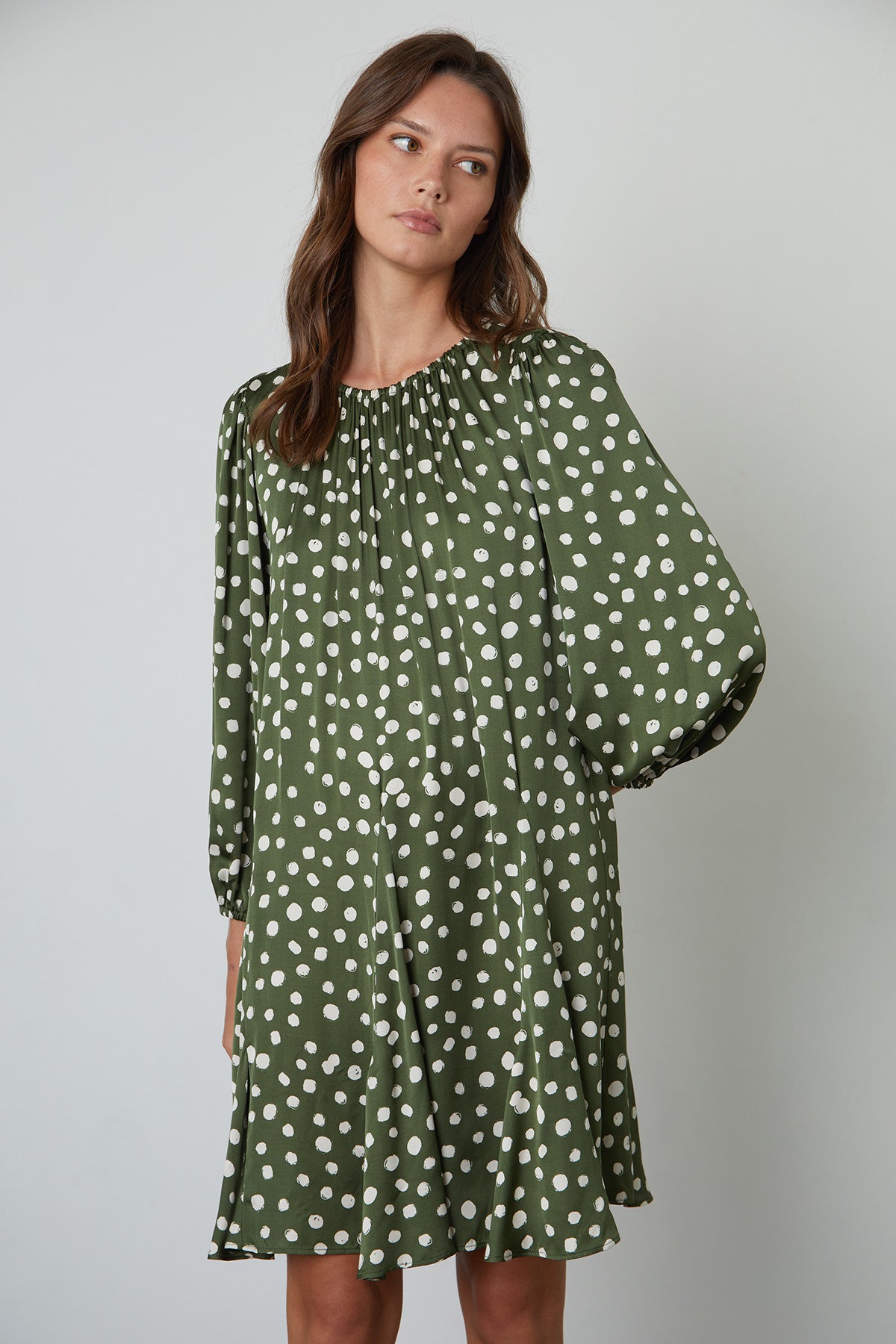   Kenia Polka Dot Dress with Green Background and Cream Dots Front 