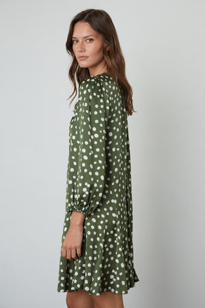 Kenia Polka Dot Dress with Green Background and Cream Dots Side