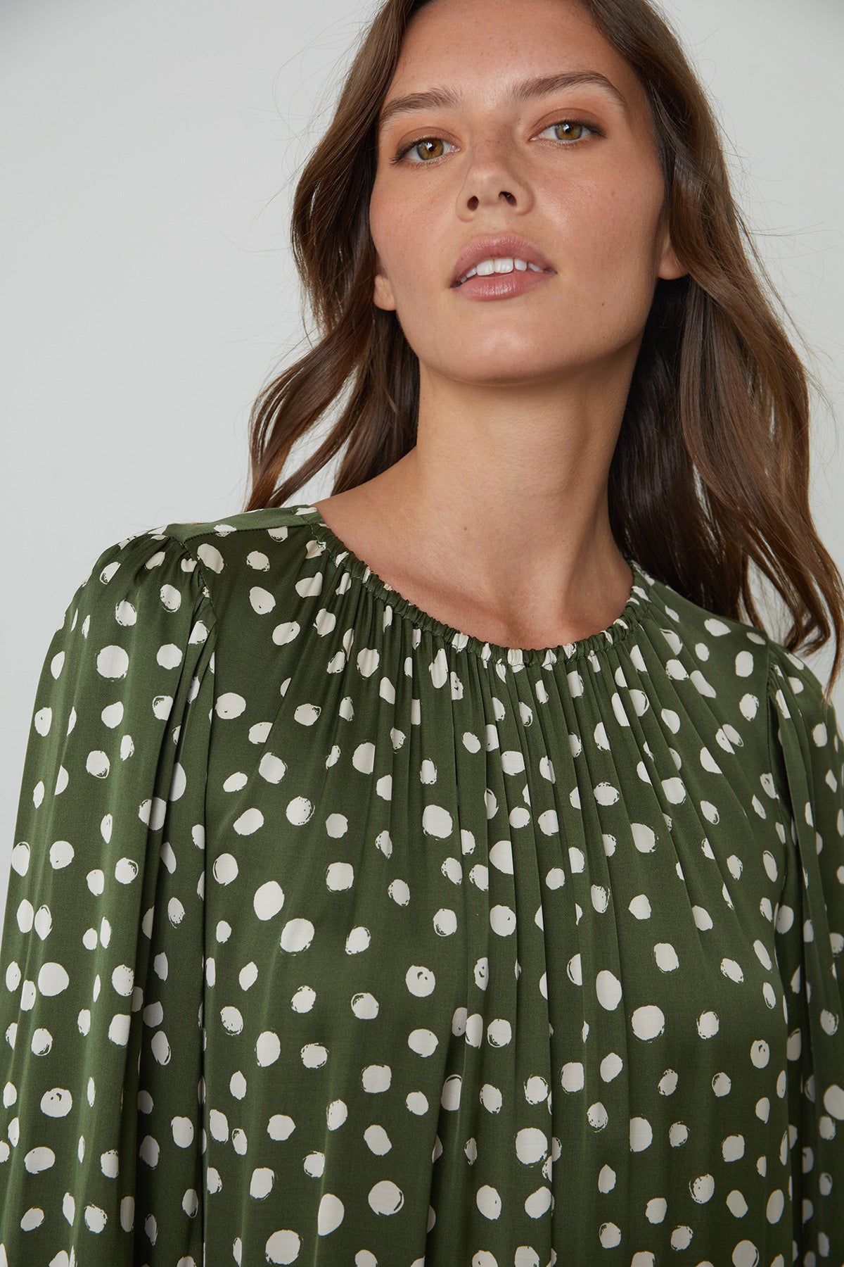 Kenia Polka Dot Dress with Green Background and Cream Dots Neckline detail-25078342123713