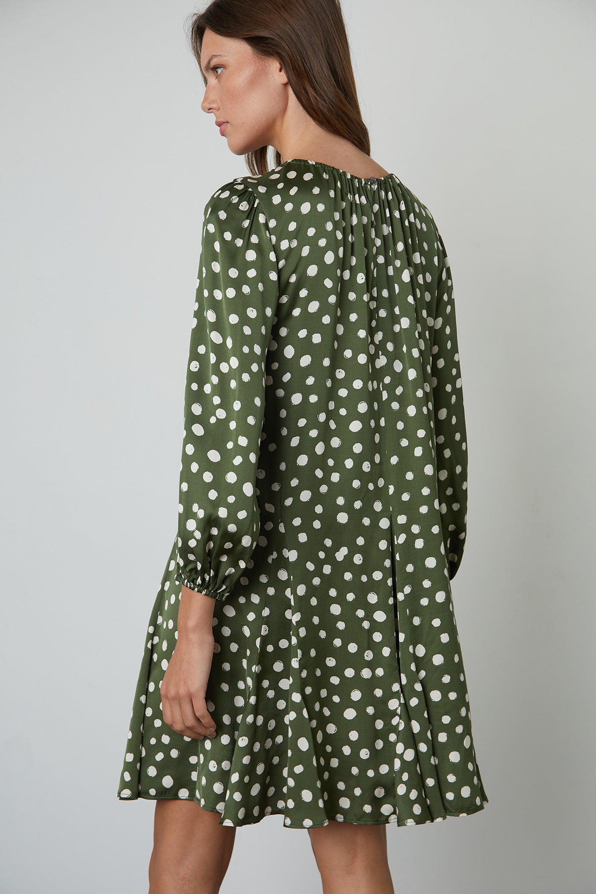   Kenia Polka Dot Dress with Green Background and Cream Dots Back 