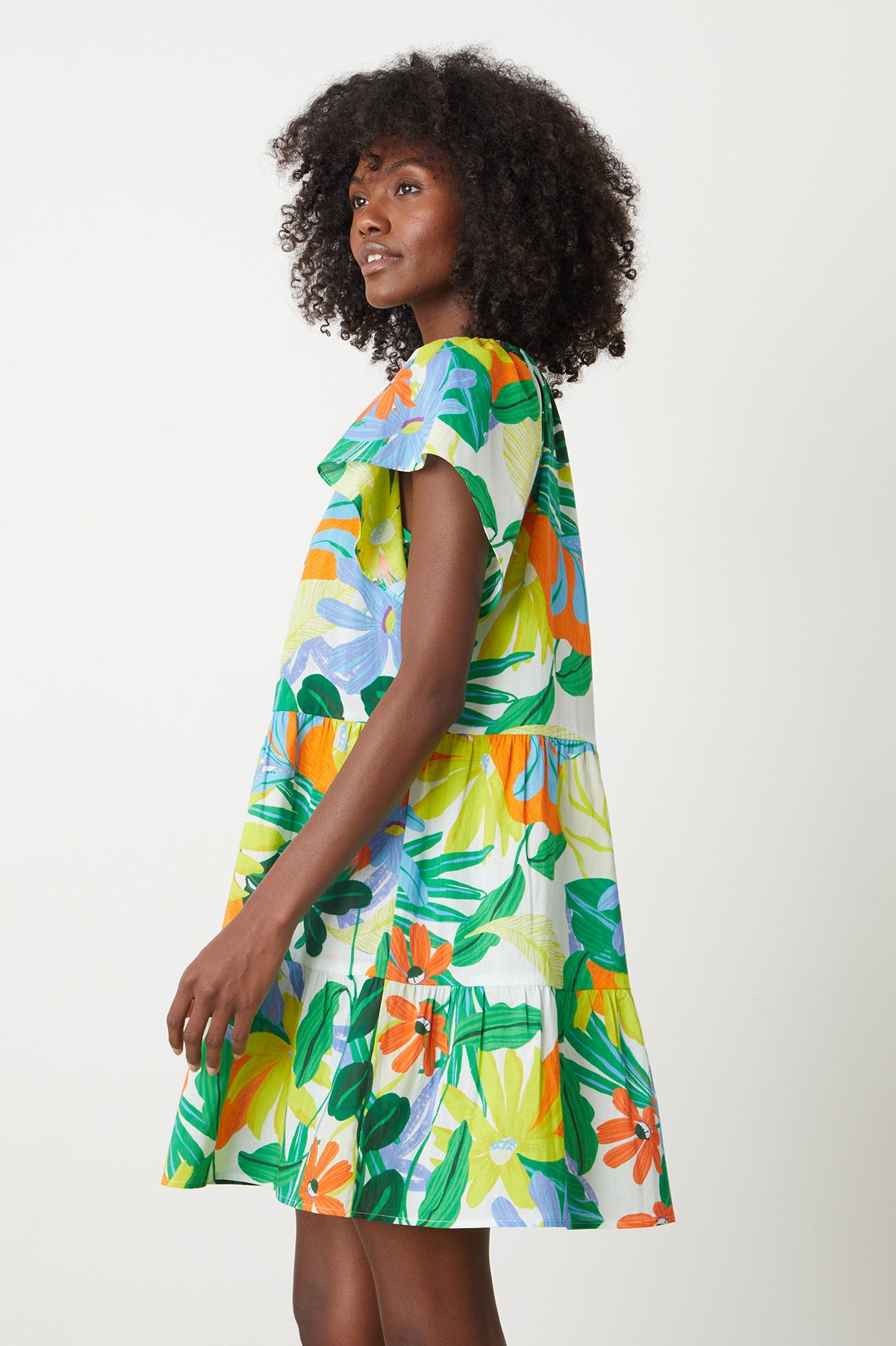 Maeve Tiered Dress in bold floral mahalo print with blues, greens, orange and yellow green side-26255718121665